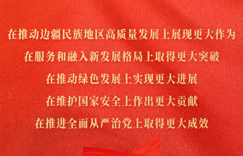 在推動(dòng)邊疆民族地區(qū)高質(zhì)量發(fā)展上展現(xiàn)更大作為，在服務(wù)和融入新發(fā)展格局上取得更大突破，在推動(dòng)綠色發(fā)展上實(shí)現(xiàn)更大進(jìn)展，在維護(hù)國(guó)家安全上作出更大貢獻(xiàn)，在推進(jìn)全面從嚴(yán)治黨上取得更大成效